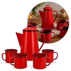 Jogo Bule Leiteira Esmaltada Vermelha 1,2 Litros e 4 Canecas 350ml - Yazi