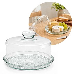Queijeira de Vidro Base Textura Premium Com Tampa Transparente 21,5cm - Vitazza