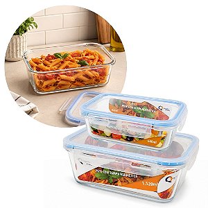 Kit 2 Potes Hermético de Vidro Borossilicato Retangular 1520ml e 640ml - Quality House