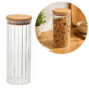 Pote Hermético Redondo Vidro Borossilicato Listrado Tampa de Bambu 1100ml - Quality House
