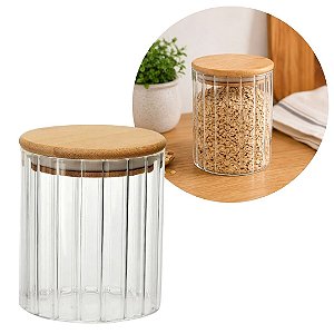 Pote Hermético Redondo Vidro Borossilicato Listrado Tampa de Bambu 550ml - Quality House