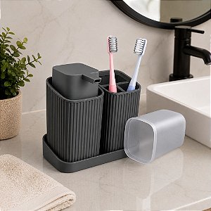 Kit Banheiro Acessórios Bancada Pia 3 Peças Cinza Canelado Porta Sabonete Líquido, Porta Escovas com Tampa e Bandeja