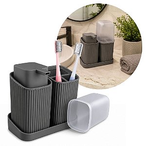 Kit Duo Banheiro 3 Peças Canelado Cinza Prime Porta Sabonete Líquido, Porta Escovas com Tampa e Bandeja