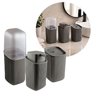 Kit Organizador para Banheiro Porta Sabonete, Porta Escovas e Porta Algodão Canelado Cinza Grafite