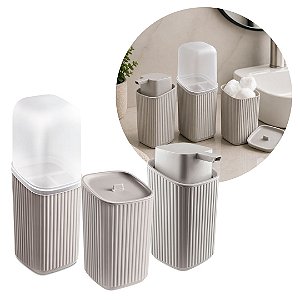 Kit Organizador para Banheiro Porta Sabonete, Porta Escovas e Porta Algodão Canelado Cinza Claro