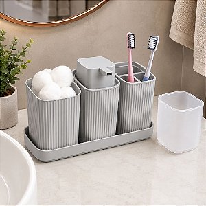 Kit Trio Banheiro Canelado Cinza Claro Organizador  Porta Sabonete, Porta Escovas, Porta Algodão e Bandeja