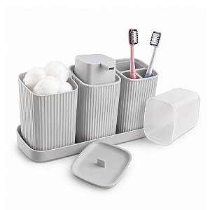 Kit 4 Peças Organizador para Banheiro Porta Sabonete, Porta Escovas, Porta Algodão e Bandeja Canelado Cinza Claro