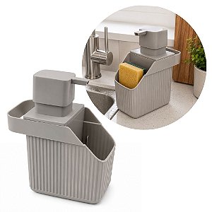 Dispenser Porta Detergente com Porta Esponja para Pia Cozinha Cinza Canelado Prime
