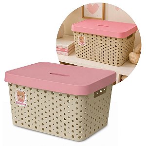 Caixa Organizadora Cesto Multiuso Infantil com Tampa 17 Litros Baby Bege e Rosa - Usual