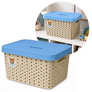Caixa Organizadora Cesto Multiuso Infantil com Tampa 17 Litros Baby Bege e Azul - Usual