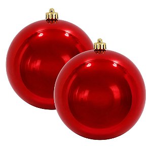 Kit 2 Bolas de Natal Gigante Vermelha 20cm Tradicional Brilho Espelhado com Cordão para Pendurar