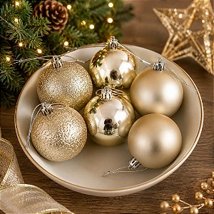 Jogo 6 Bolas de Natal Champanhe Premium Texturas Mistas 8cm Glitter, Brilho e Fosca - Mundial Casa