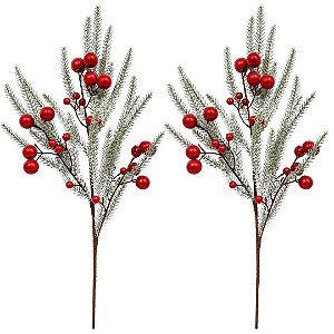 Jogo 2 Galhos Decorativo Natalino Pinheiro Nevado com Azevinhos Vermelhos Luxo 65cm - Mundial Casa