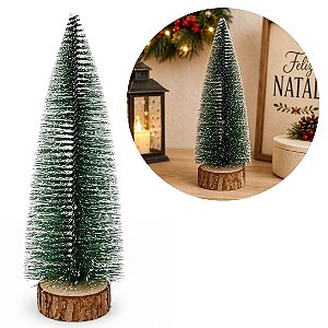 Pinheiro Decorativo de Mesa Natalino Nevado com Base em Tronco 32cm - Mundial Casa