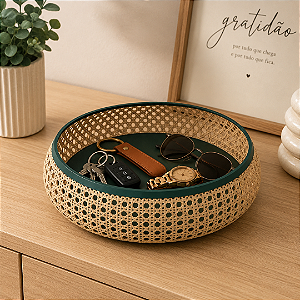 Bandeja Porta Objetos Multiuso Redondo Porta Treco Rústico Design Palhinha Treliça Rattan Sintético Prime 23cm - Mundial