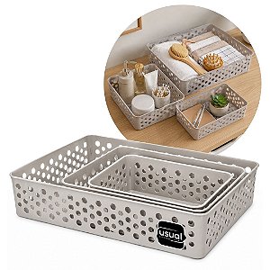 Conjunto 3 Cestos Organizadores Plástico Prime Cinza Claro P, M e G - Usual