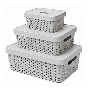 Kit 3 Cestos Organizadores Caixa Multiuso com Tampa Cinza Claro 20L, 11L e 4,5 Litros - Usual