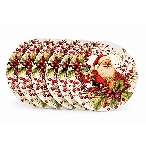 Jogo 6 Pratos de Sobremesa Natalino em Melamina 20cm Papai Noel e Azevinhos - Magizi