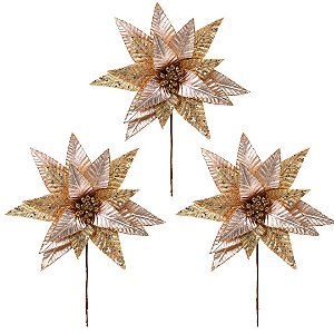 Kit 3 Flores Bico de Papagaio Pick Natal Luxo Rosê Gold Tecido Frisado Glitter e Lantejoulas 28cm