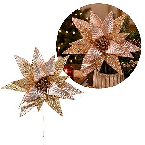 Flor Bico de Papagaio Pick Natal Luxo Rosê Gold Tecido Frisado Glitter e Lantejoulas 28cm