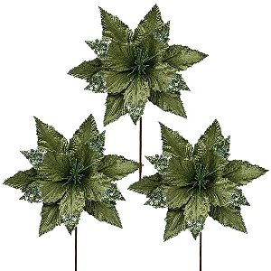 Kit 3 Flores Bico de Papagaio Natalina Pick Veludo Verde Pistache Luxo  Glitter e Lantejoulas 30x30cm