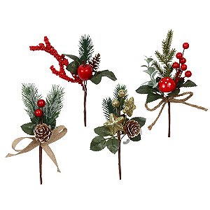 Kit Pick Natalino Decorado 4 Unidades com Folhagens, Pinhas e Berries Nevados 16x9cm - Magizi
