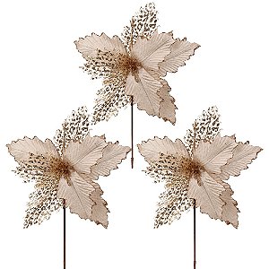 Kit 3 Flores Bico de Papagaio Natalina Luxo Champanhe Tecido Frisado Glitter 33x33cm Pick Decorativo