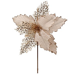 Flor Bico de Papagaio Natalina Luxo Champanhe Tecido Frisado Glitter 33x33cm Pick Decorativo