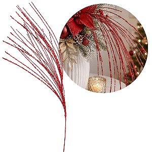 Galho Pendente Natalino Vermelho com Lantejoulas 70cm Decoração Luxo