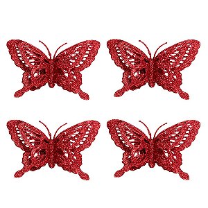 Kit 4 Borboletas Natalinas Vermelhas Acetinadas com Glitter Vazado 14x9cm com Presilha