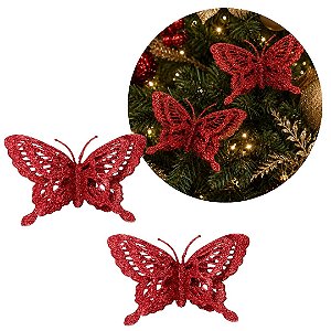 Kit 2 Borboletas Natalinas Vermelhas Acetinadas com Glitter Vazado 14x9cm com Presilha