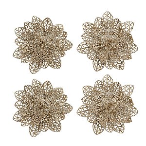 Kit 4 Flores Bico de Papagaio Natalina Champanhe 10cm Acetinada Glitter Vazado com Presilha