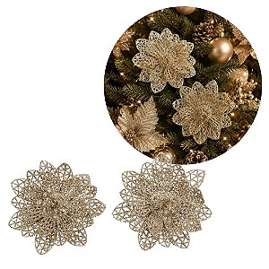 Kit 2 Flores Bico de Papagaio Natalina Champanhe 10cm Acetinada Glitter Vazado com Presilha