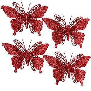 Jogo 4 Borboletas Vermelho Glitter 12x18cm Enfeite Natal com Presilha