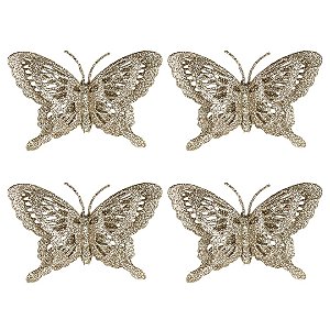 Kit 4 Borboletas Natalinas Champanhe Acetinadas com Glitter Vazado 14x9cm com Presilha