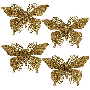 Kit 4 Borboletas Natalinas Dourado Acetinadas Glitter Vazado 18x12cm com Presilha