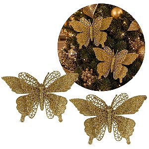 Kit 2 Borboletas Natalinas Dourado Acetinadas Glitter Vazado 18x12cm com Presilha