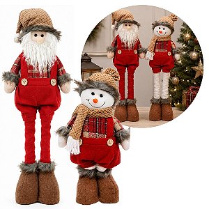 Kit Papai Noel e Boneco de Neve Decorativos Retráteis Pelúcia Xadrez Vermelho 35 a 45cm