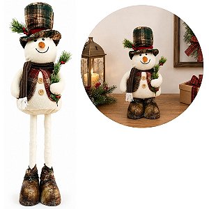 Boneco de Neve Decorativo Natalino Retrátil Pelúcia Prime 55 a 90cm com Cartola Xadrez - Magizi