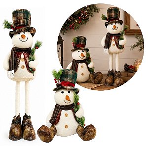 Conjunto Boneco de Neve Decorativo Natalino Retrátil Pelúcia 90cm e Sentado 37cm Cartola Xadrez - Magizi