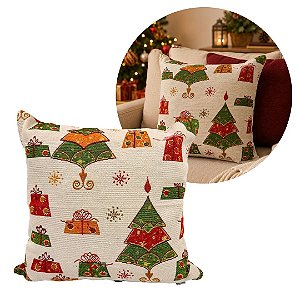 Capa de Almofada Natalina Gobelin Pinheiros e Presentes 45x45cm com Zíper - Magizi