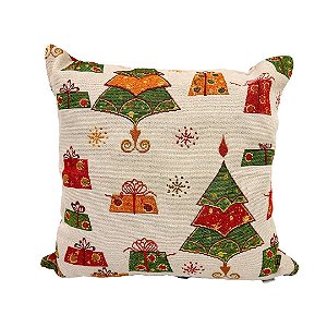 Almofada Natalina Gobelin Pinheiros e Presentes 45x45cm Premium com Enchimento - Magizi