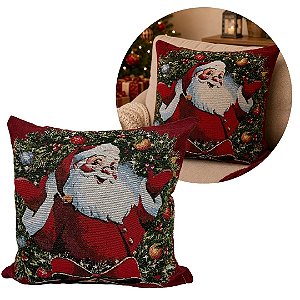 Capa de Almofada Natalina Gobelin Papai Noel e Guirlanda 45x45cm com Zíper - Magizi