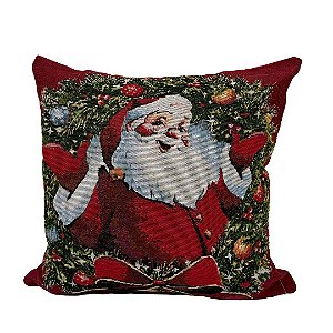 Almofada Natalina Gobelin Papai Noel e Guirlanda 45x45cm com Enchimento - Magizi