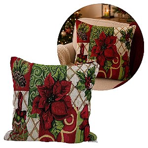 Capa de Almofada Natalina Gobelin Bico de Papagaio e Pinhas 45x45cm com Zíper - Magizi