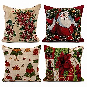 Jogo 4 Capas de Almofada Estampa Natalina Gobelin Prime Bico de Papagaio, Papai Noel e Pinheiro 45x45cm - Magizi