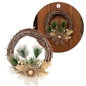 Guirlanda Natalina Rústica Fibra Natural 25cm Mix Folhagens Bico de Papagaio Champanhe - Magizi