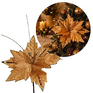 Flor Bico de Papagaio Natalina Pick Veludo Dourada 25x25cm Glitter e Lantejoulas