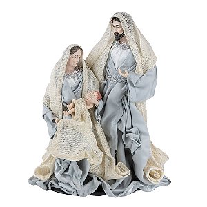 Sagrada Família Decorativa Natalina 30cm Presépio com Tecido Seda Azul Cloud Luxo
