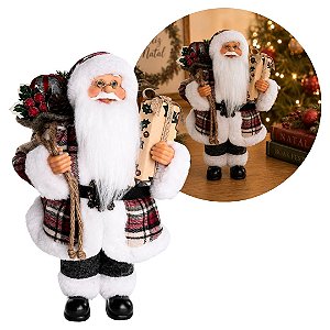 Papai Noel Decorativo Natalino Rústico Xadrez com Saco de Presentes 35cm